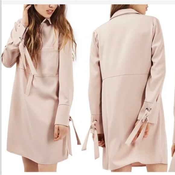Topshop Tie Cuff Shirtdress ~ Blush ~ 2 - Picture 1 of 7